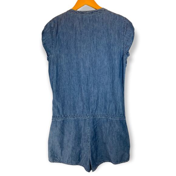 Express | Medium | Sleeveless Denim Blue Chambray Romper Button Down Tie Waist - Picture 2 of 7